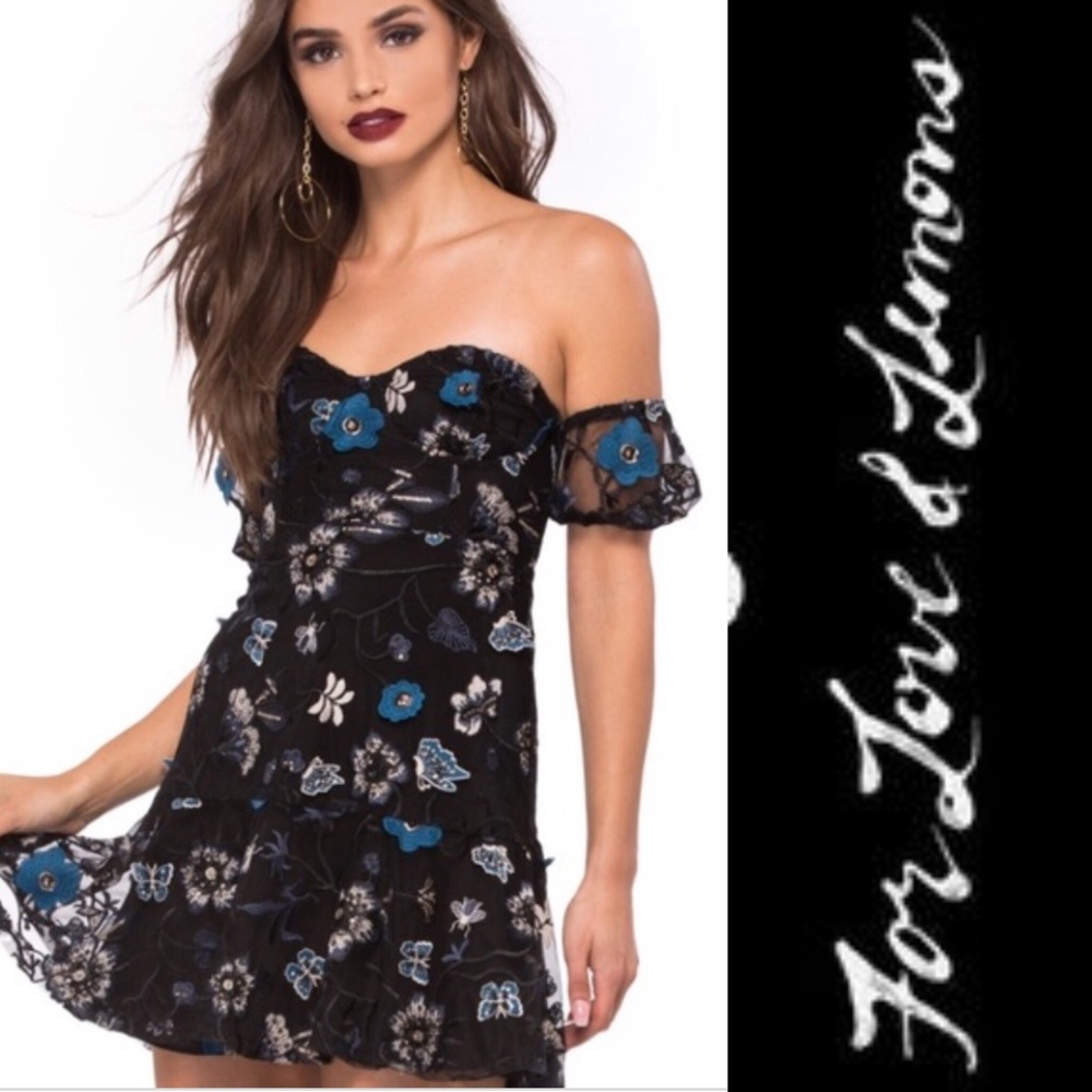 New FOR LOVE & LEMONS BLACK FLORAL STRAPLESS DRESS